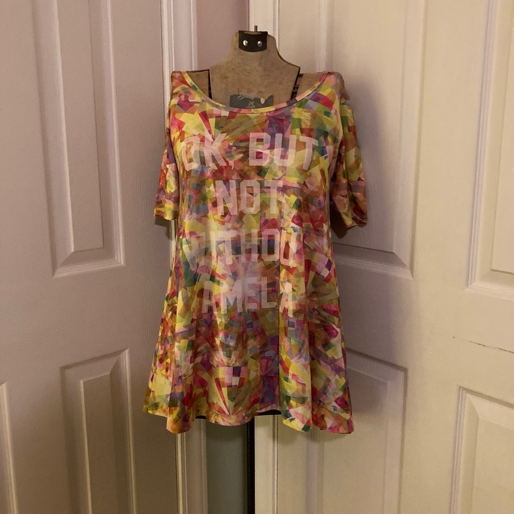LuluRoe Pink Yellow Geometric Shaped Irma Top